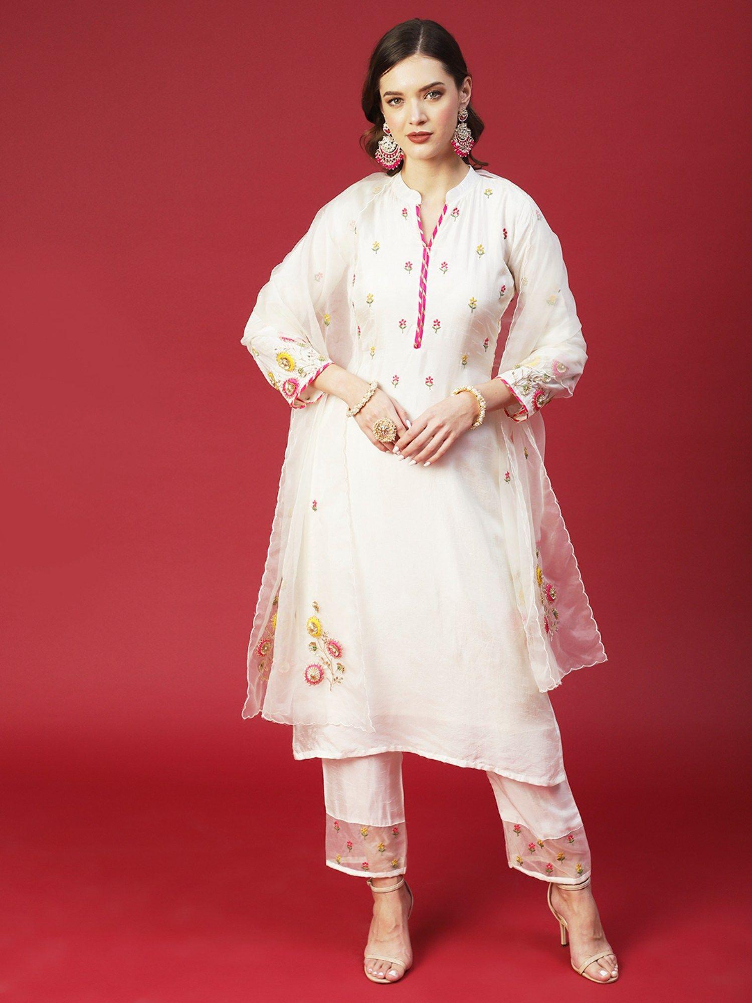 embroidered kurta with pants and embroidered dupatta - white (set of 3)