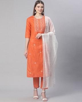 embroidered kurta with trouser & dupatta set