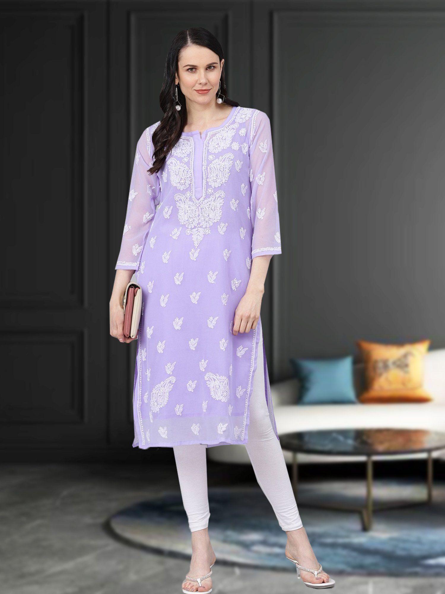 embroidered lavender georgette lucknow chikan kurta with slip (set of 2) (xs) (a411160)