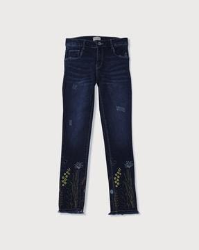 embroidered light distress straight jeans