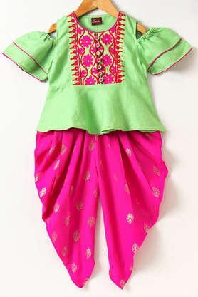 embroidered linen full length girls top & dhoti pant set - green