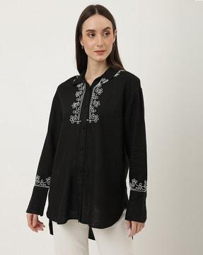 embroidered linen mix collared neck tunic