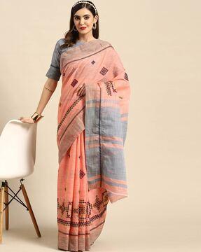 embroidered linen saree with contrast pallu