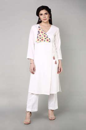 embroidered linen v-neck women's casual wear kurta - white neutral