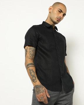 embroidered logo linen shirt with band collar