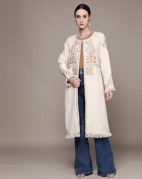 embroidered long jacket with slip pockets