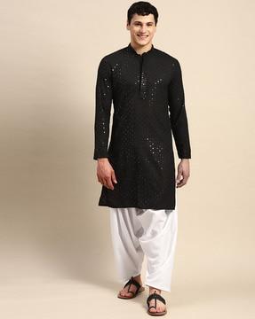 embroidered long kurta with band collar