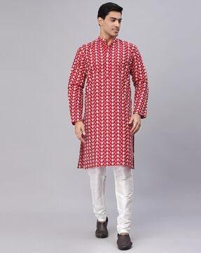 embroidered long kurta with band collar