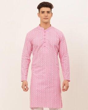 embroidered long kurta with mandarin collar