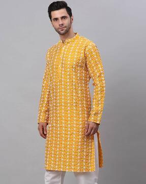 embroidered long kurta with mandarin collar