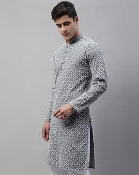 embroidered long kurta with mandarin collar