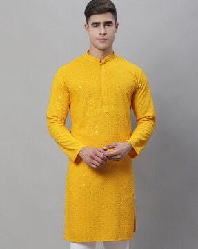 embroidered long kurta with mandarin collar