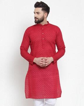 embroidered long kurta with mandarin collar