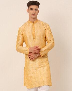 embroidered long kurta with mandarin collar