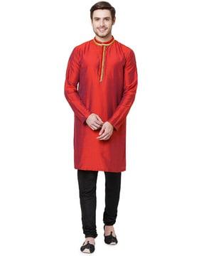 embroidered long kurta with mandarin collar