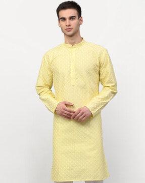 embroidered long kurta with mandarin collar