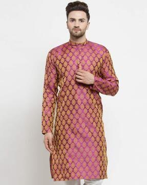 embroidered long kurta with mandarin collar