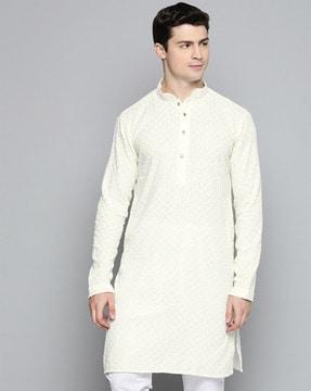 embroidered long kurta with mandarin collar