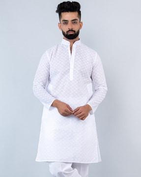 embroidered long kurta with mandarin collar