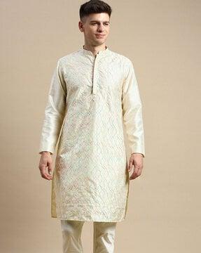 embroidered long kurta with mandarin collar