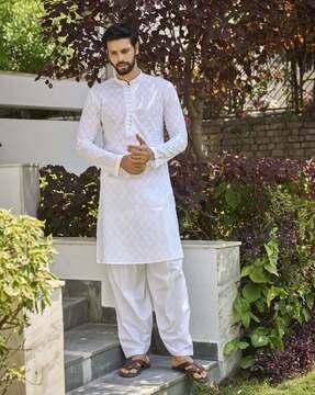 embroidered long kurta with mandarin collar