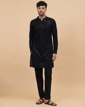 embroidered long kurta with mandarin collar