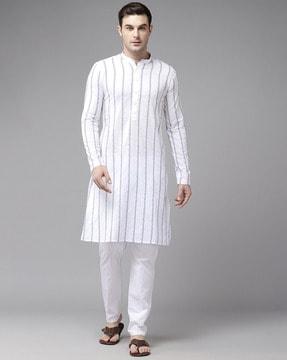 embroidered long kurta with mandarin collar