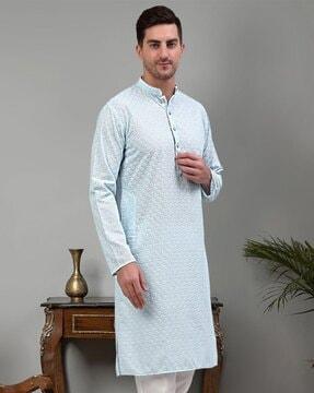 embroidered long kurta with mandarin collar