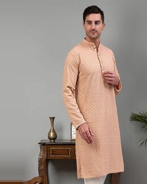 embroidered long kurta with mandarin collar