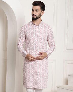 embroidered long kurta with mandarin collar