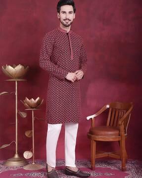 embroidered long kurta with mandarin collar