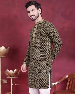 embroidered long kurta with mandarin collar