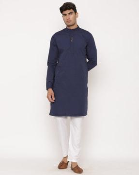 embroidered long kurta with mandarin collar