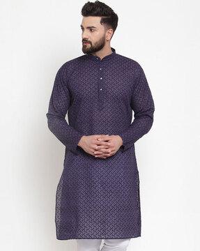 embroidered long kurta with mandarin-neck