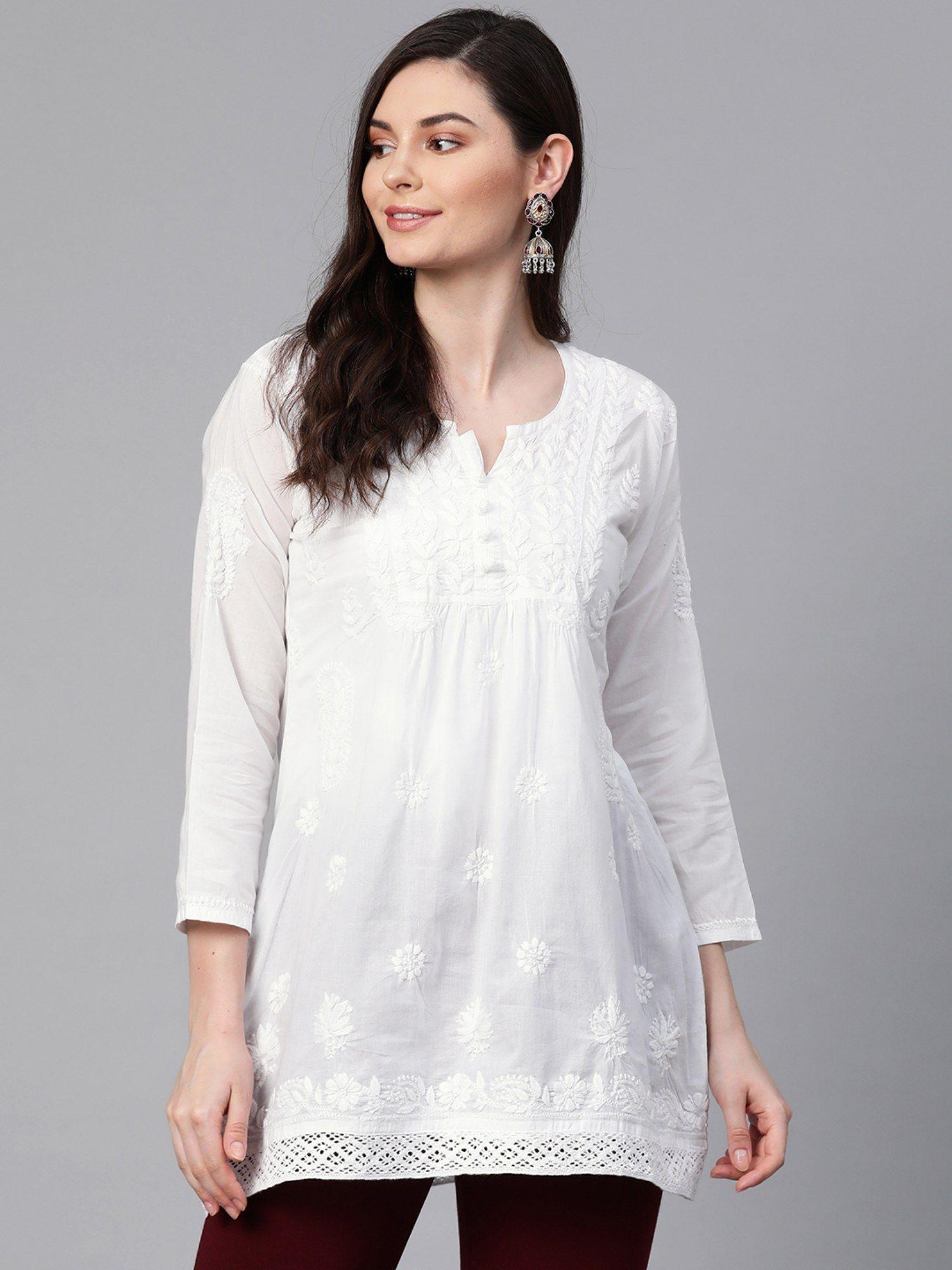 embroidered lucknowi chikankari ethnic motifs cotton kurti