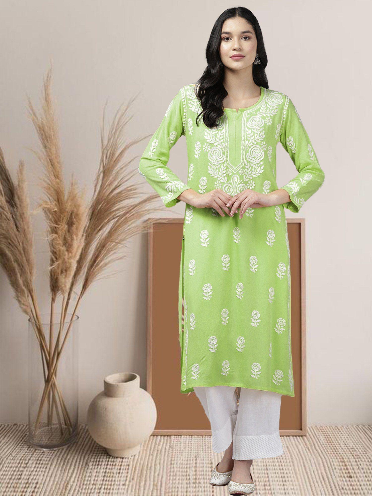 embroidered lucknowi chikankari light green rayon kurta