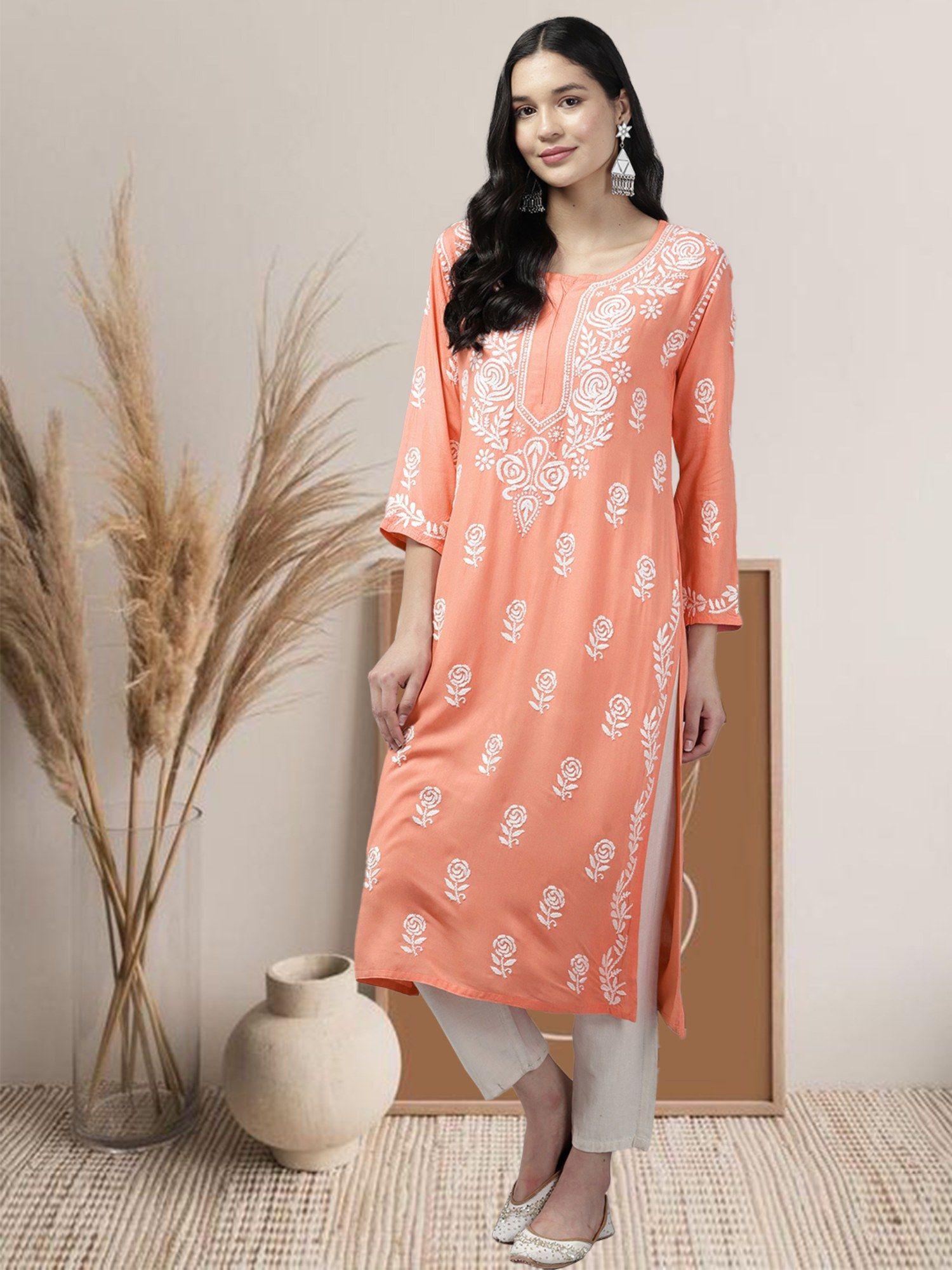 embroidered lucknowi chikankari peach rayon kurta