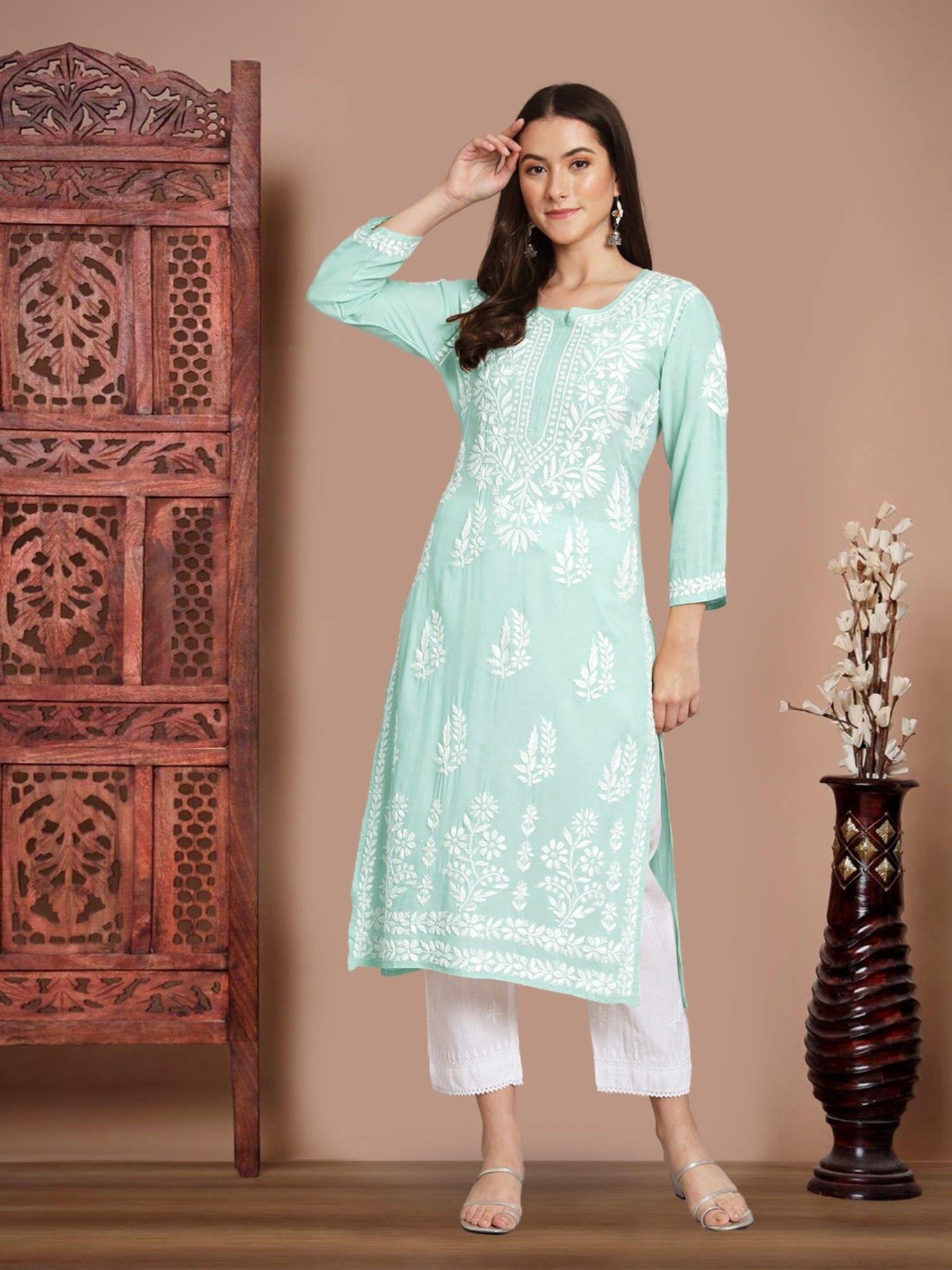 embroidered lucknowi chikankari straight kurta