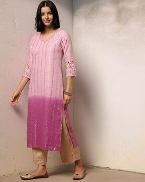 embroidered lurex dobby straight kurta with lace accent