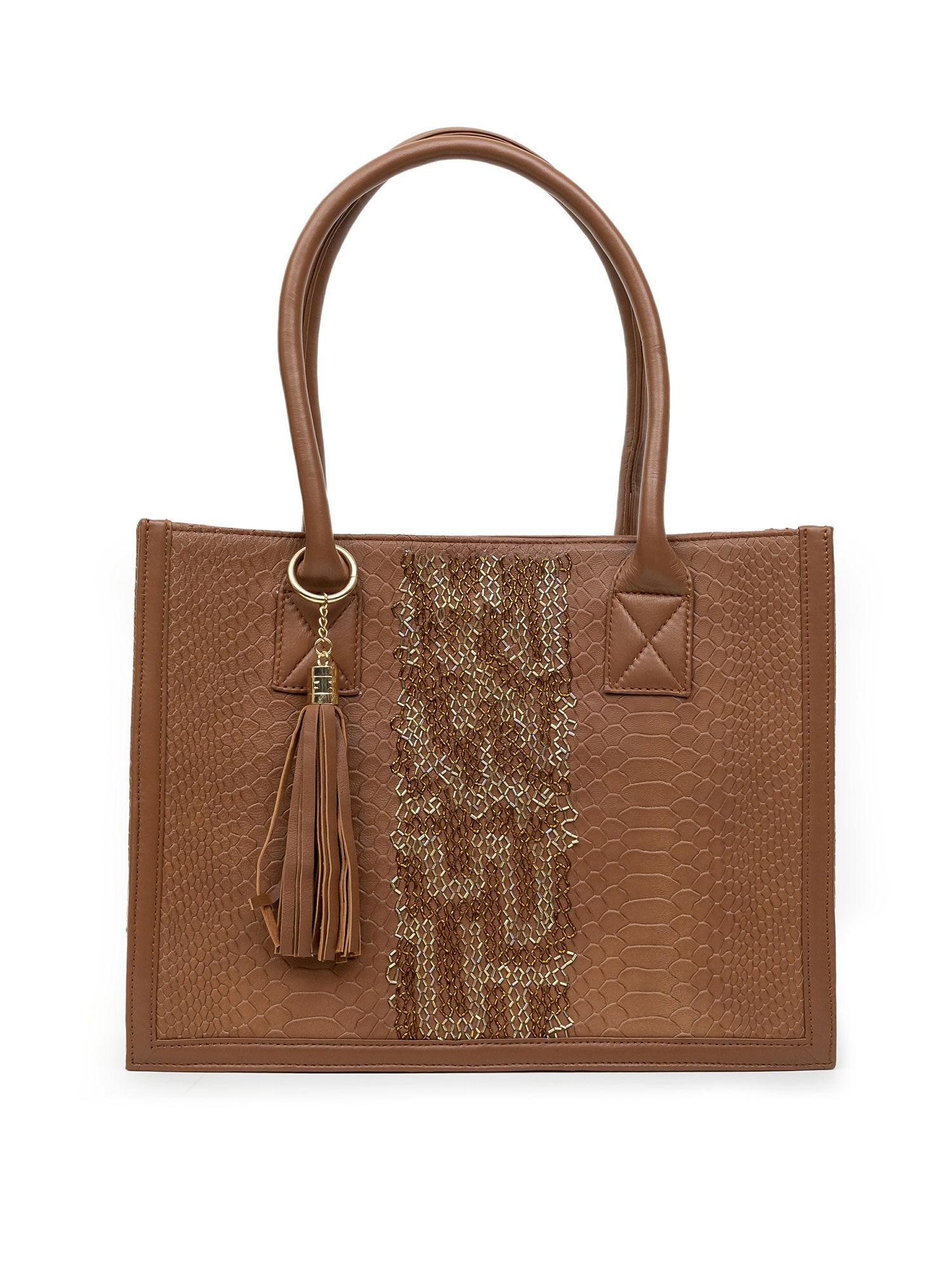 embroidered madison tote - tan