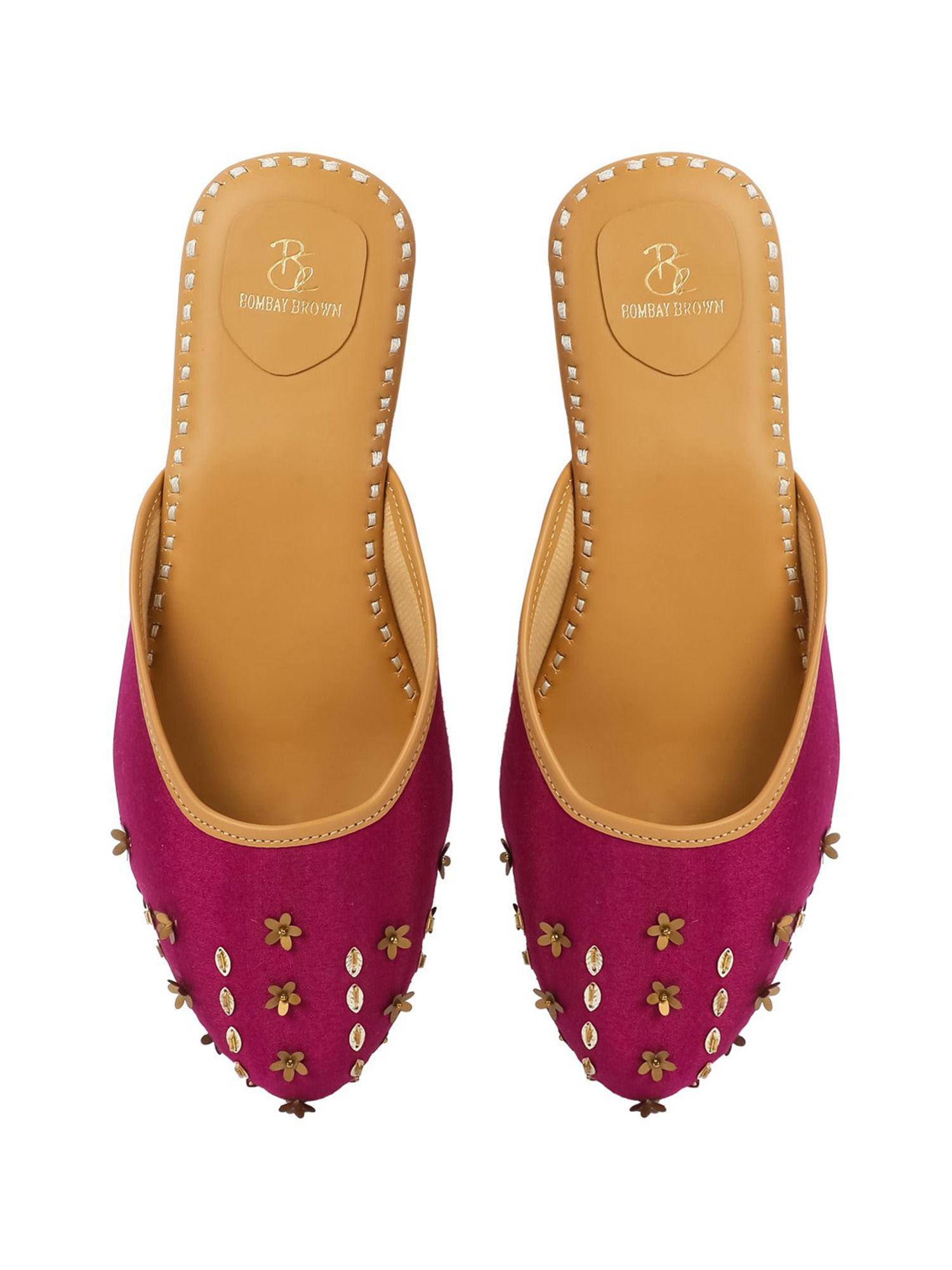 embroidered magenta floral sequin round mule