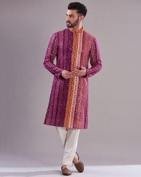 embroidered mandarin-collar long kurta