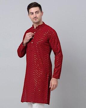 embroidered mandarin-collar long kurta