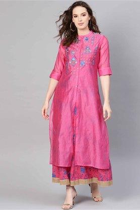 embroidered mandarin silk blend women's a-line dress - fuchsia