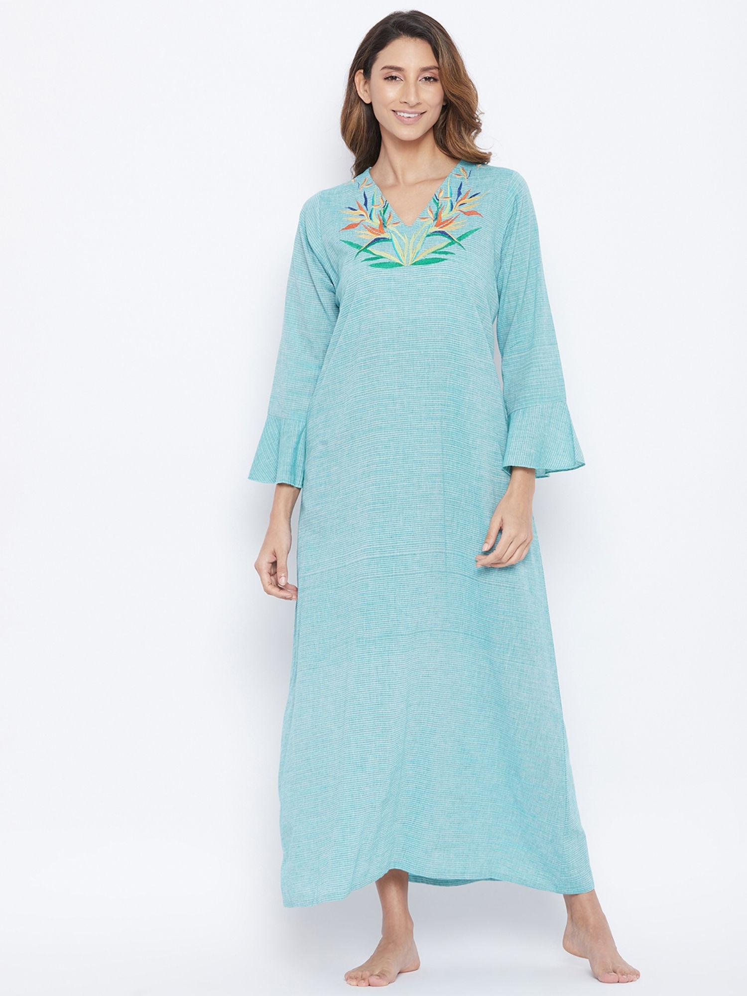 embroidered mangalgiri cotton nightdress - green