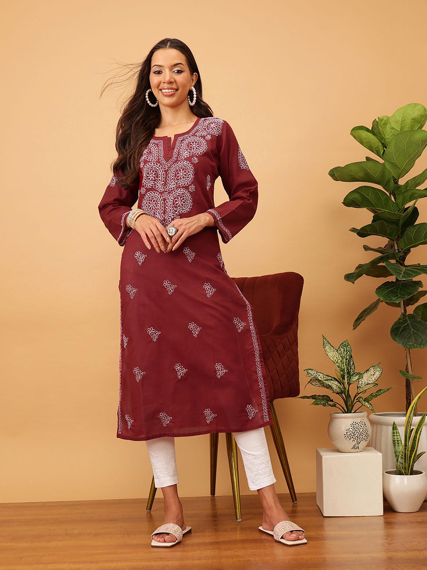 embroidered maroon cotton lucknow chikankari kurta- a207908 (xs) (a207908)