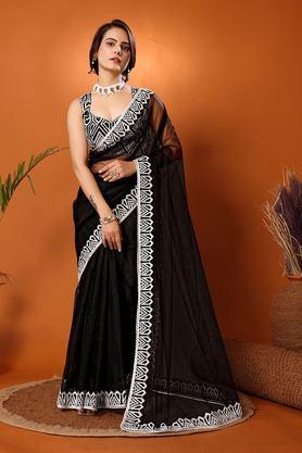 embroidered mesh party wear women's saree with blouse piece - black