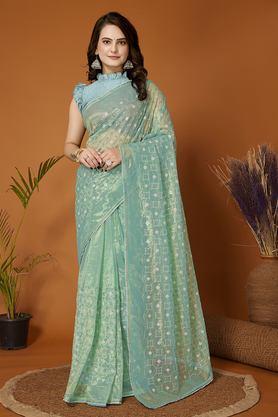 embroidered mesh party wear women's saree with blouse piece - green