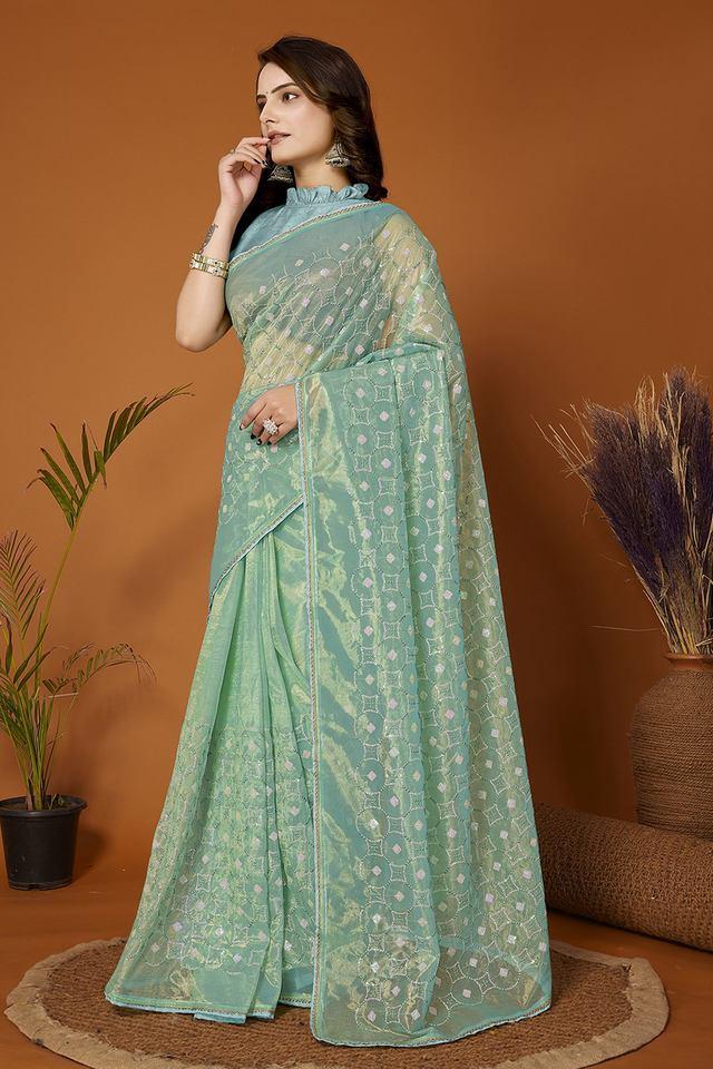 embroidered mesh party wear womens saree with blouse piece