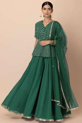 embroidered mid thigh georgette women's kurta set - green